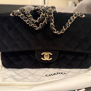 Chanel Black Velvet Shoulder Bag with Gold Chain